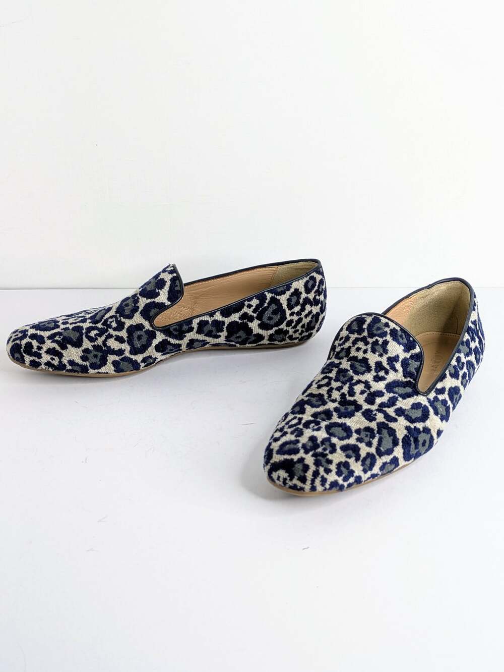 J. Crew Georgie Loafer 8 Blue Gray Leopard Jacquard Animal Print Slip On Flat